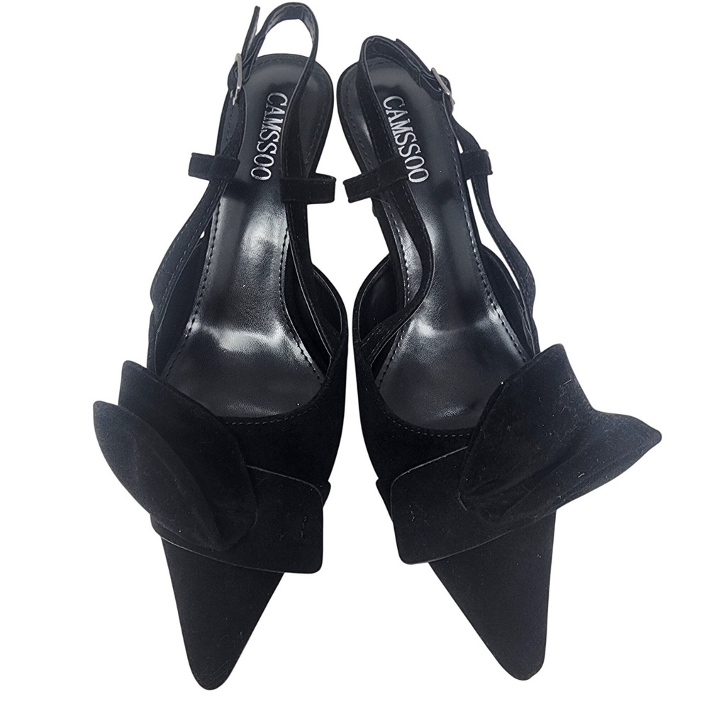 CAMSCOO Black Suede Pointed Toe Slingback Bow Kitten Heels Women Size 7.5 - Picture 5 of 12